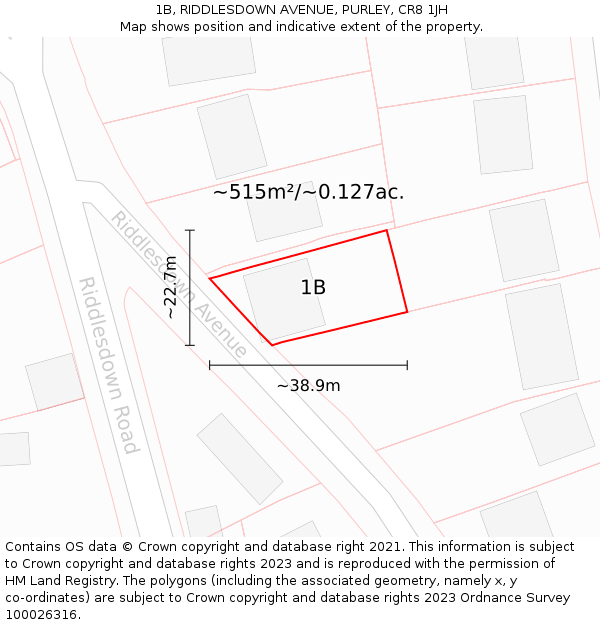 1B, RIDDLESDOWN AVENUE, PURLEY, CR8 1JH: Plot and title map
