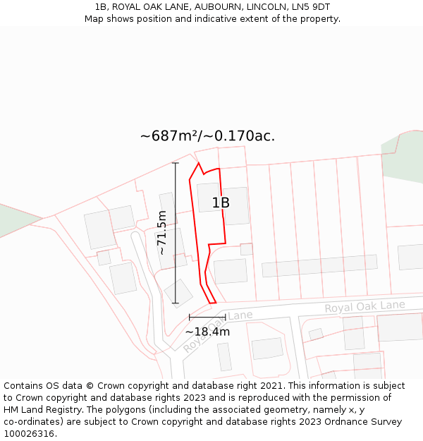 1B, ROYAL OAK LANE, AUBOURN, LINCOLN, LN5 9DT: Plot and title map