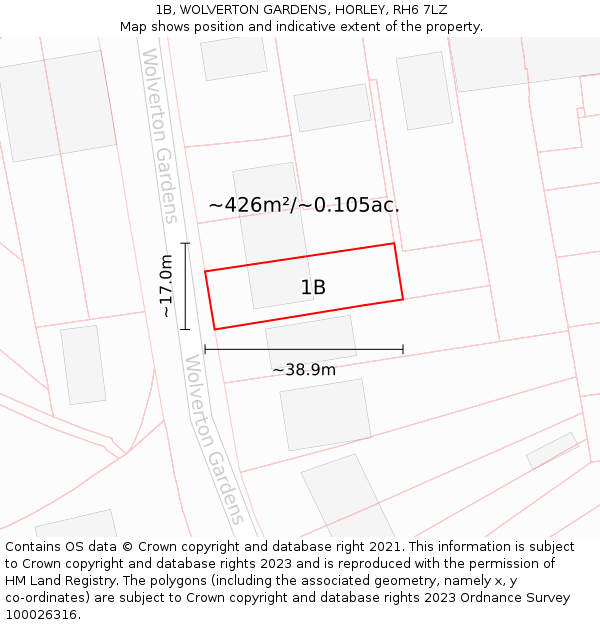 1B, WOLVERTON GARDENS, HORLEY, RH6 7LZ: Plot and title map