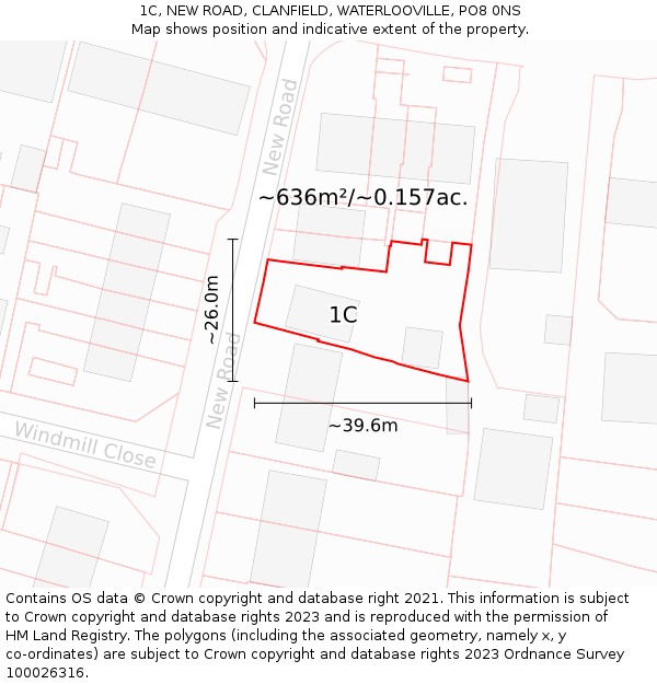 1C, NEW ROAD, CLANFIELD, WATERLOOVILLE, PO8 0NS: Plot and title map