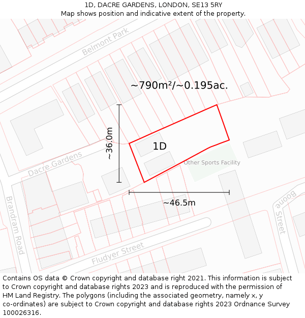 1D, DACRE GARDENS, LONDON, SE13 5RY: Plot and title map