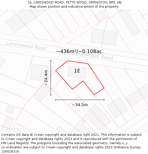 1E, LAKESWOOD ROAD, PETTS WOOD, ORPINGTON, BR5 1BJ: Plot and title map