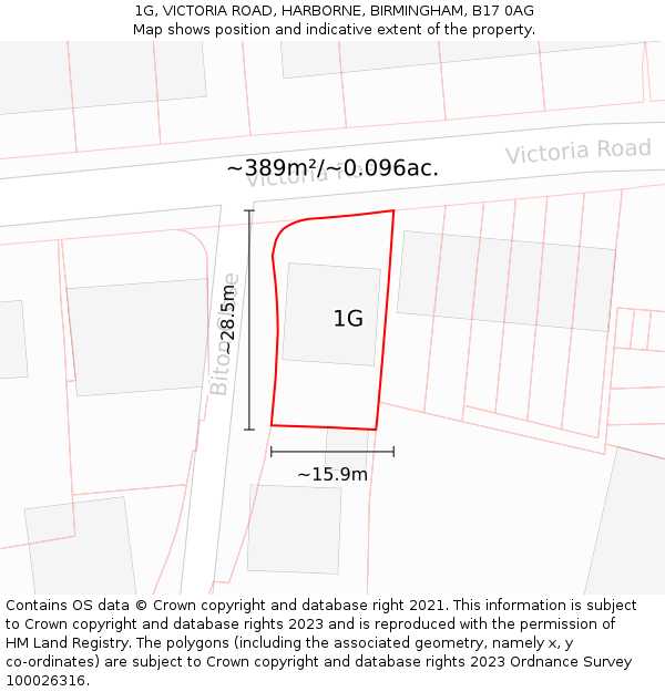 1G, VICTORIA ROAD, HARBORNE, BIRMINGHAM, B17 0AG: Plot and title map