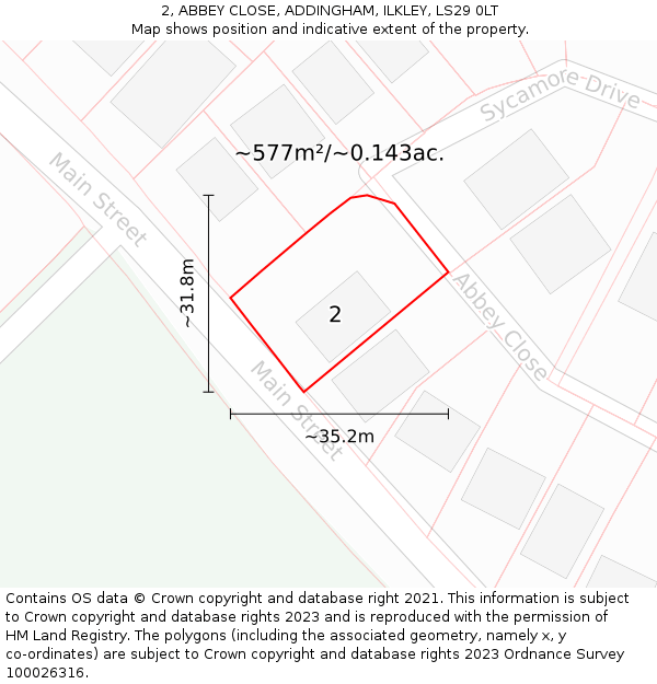 2, ABBEY CLOSE, ADDINGHAM, ILKLEY, LS29 0LT: Plot and title map