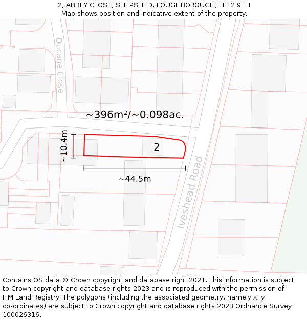 2, ABBEY CLOSE, SHEPSHED, LOUGHBOROUGH, LE12 9EH: Plot and title map