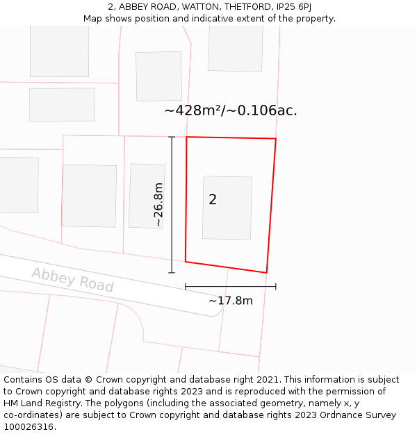 2, ABBEY ROAD, WATTON, THETFORD, IP25 6PJ: Plot and title map