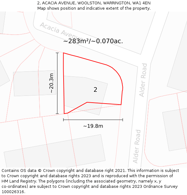 2, ACACIA AVENUE, WOOLSTON, WARRINGTON, WA1 4EN: Plot and title map