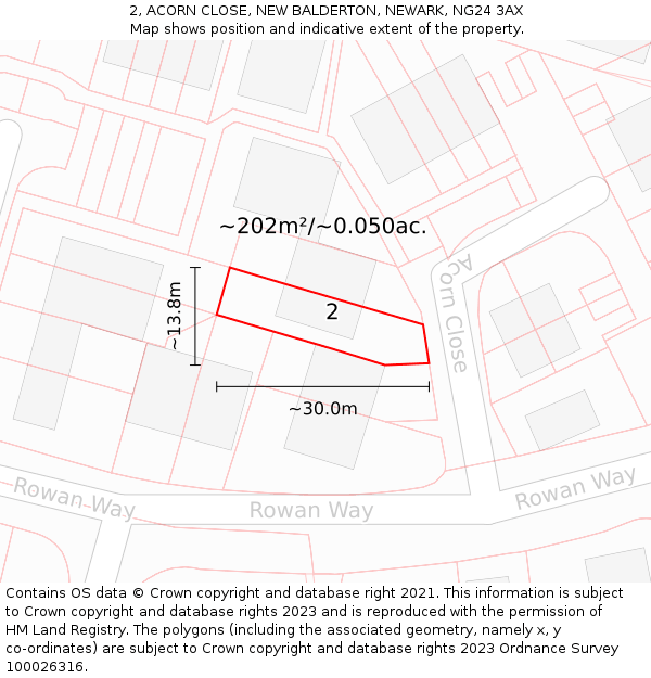 2, ACORN CLOSE, NEW BALDERTON, NEWARK, NG24 3AX: Plot and title map