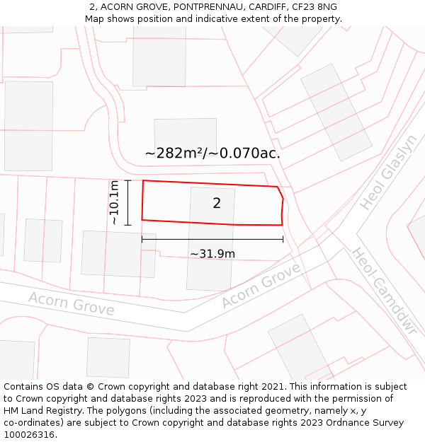 2, ACORN GROVE, PONTPRENNAU, CARDIFF, CF23 8NG: Plot and title map