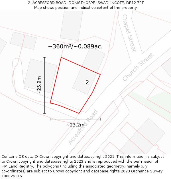 2, ACRESFORD ROAD, DONISTHORPE, SWADLINCOTE, DE12 7PT: Plot and title map