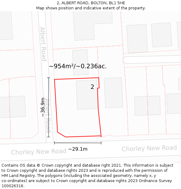 2, ALBERT ROAD, BOLTON, BL1 5HE: Plot and title map