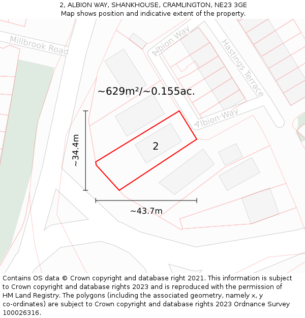 2, ALBION WAY, SHANKHOUSE, CRAMLINGTON, NE23 3GE: Plot and title map