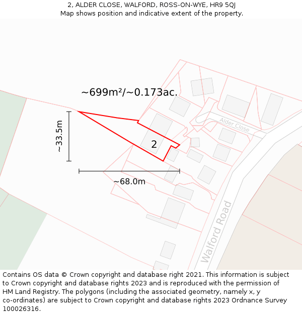 2, ALDER CLOSE, WALFORD, ROSS-ON-WYE, HR9 5QJ: Plot and title map