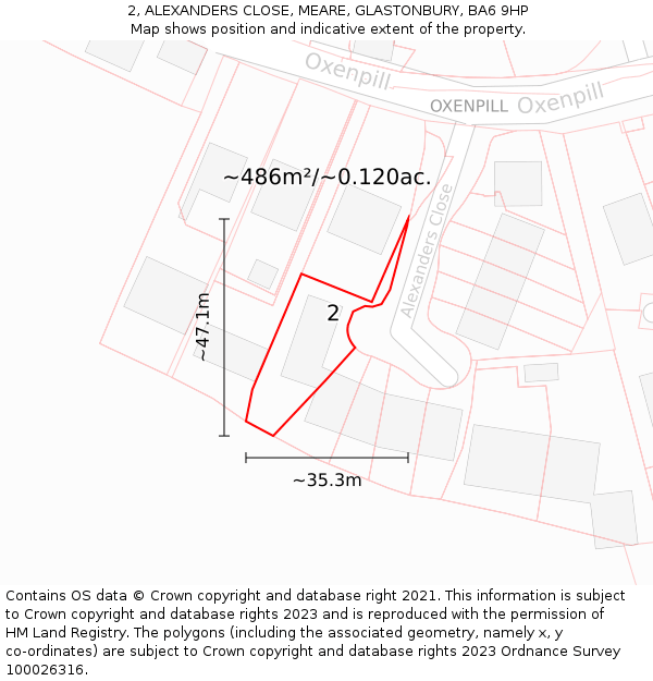 2, ALEXANDERS CLOSE, MEARE, GLASTONBURY, BA6 9HP: Plot and title map