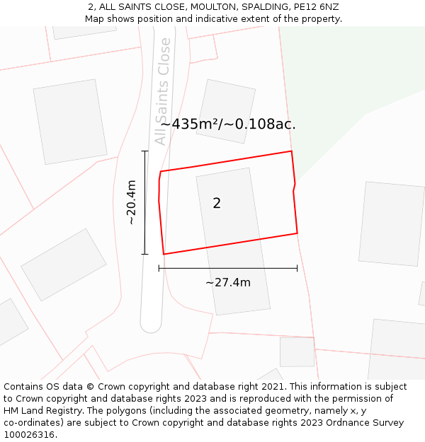 2, ALL SAINTS CLOSE, MOULTON, SPALDING, PE12 6NZ: Plot and title map