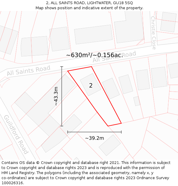 2, ALL SAINTS ROAD, LIGHTWATER, GU18 5SQ: Plot and title map