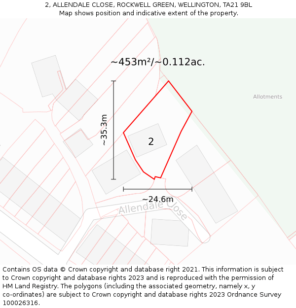 2, ALLENDALE CLOSE, ROCKWELL GREEN, WELLINGTON, TA21 9BL: Plot and title map