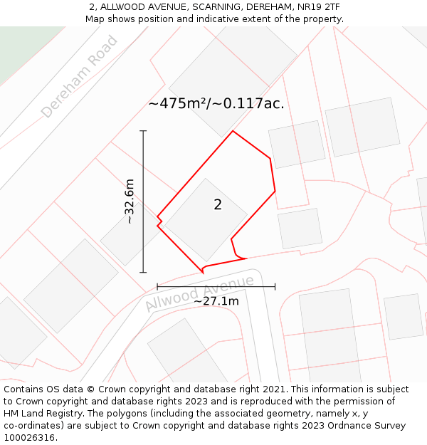 2, ALLWOOD AVENUE, SCARNING, DEREHAM, NR19 2TF: Plot and title map