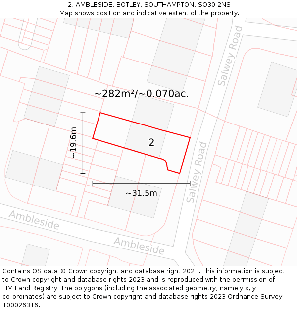 2, AMBLESIDE, BOTLEY, SOUTHAMPTON, SO30 2NS: Plot and title map