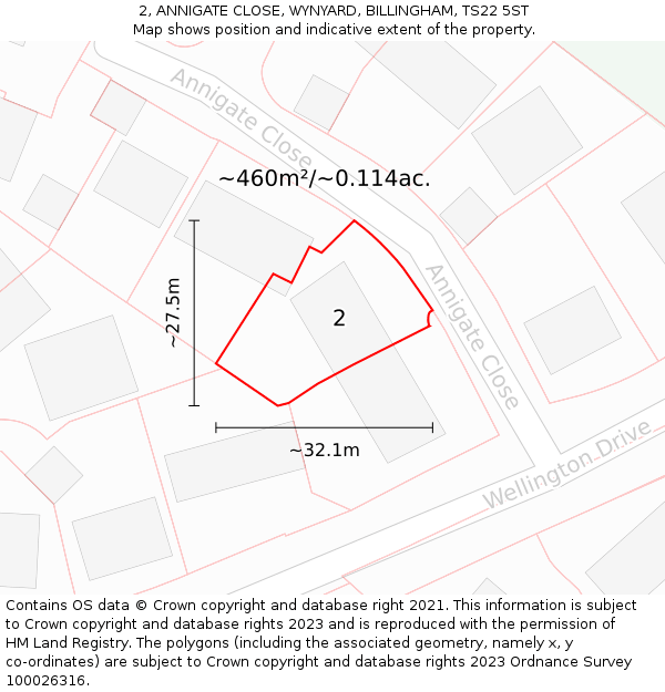 2, ANNIGATE CLOSE, WYNYARD, BILLINGHAM, TS22 5ST: Plot and title map