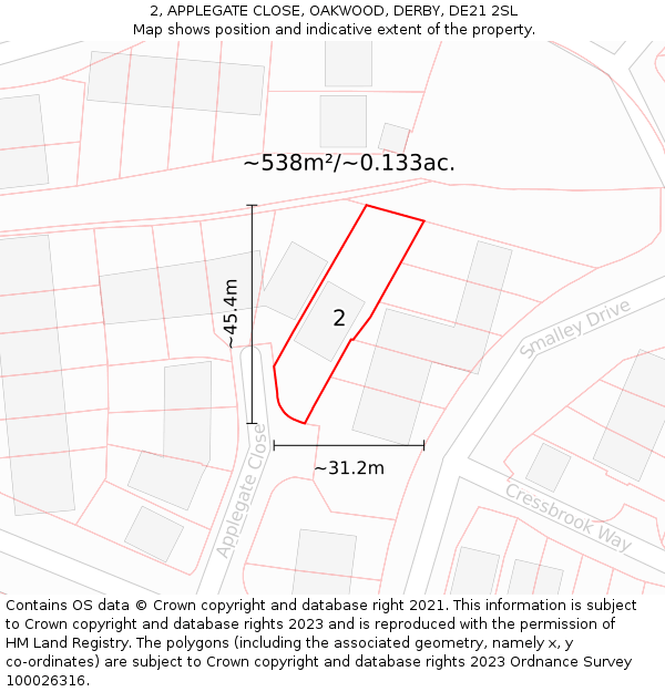 2, APPLEGATE CLOSE, OAKWOOD, DERBY, DE21 2SL: Plot and title map
