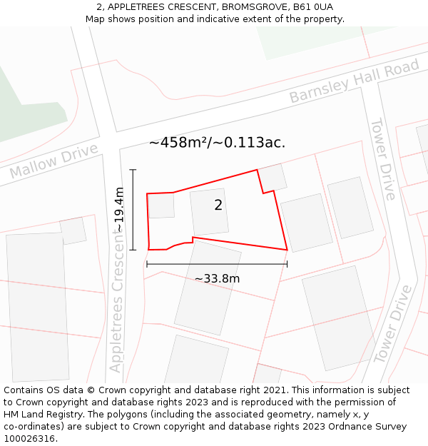 2, APPLETREES CRESCENT, BROMSGROVE, B61 0UA: Plot and title map