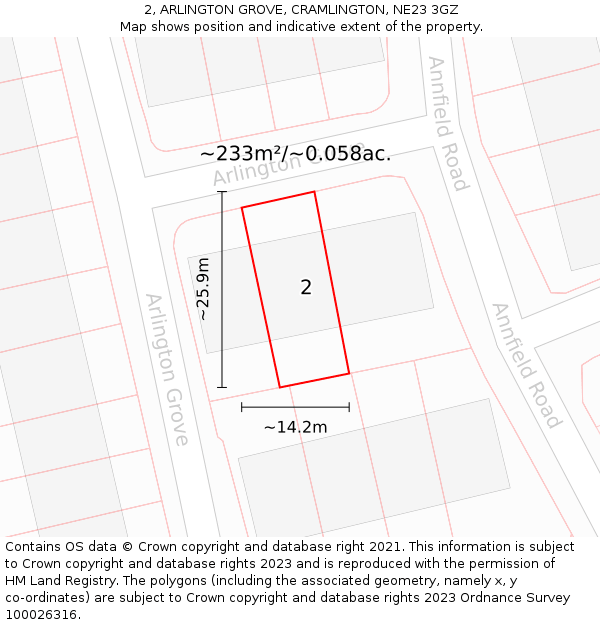 2, ARLINGTON GROVE, CRAMLINGTON, NE23 3GZ: Plot and title map