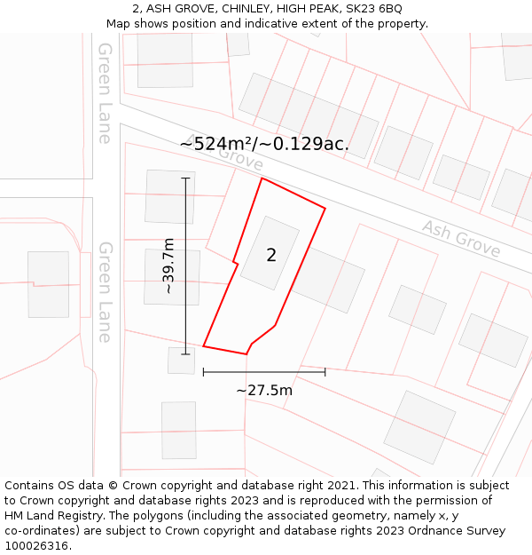 2, ASH GROVE, CHINLEY, HIGH PEAK, SK23 6BQ: Plot and title map