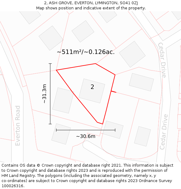 2, ASH GROVE, EVERTON, LYMINGTON, SO41 0ZJ: Plot and title map