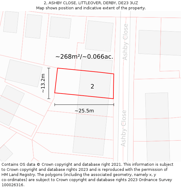 2, ASHBY CLOSE, LITTLEOVER, DERBY, DE23 3UZ: Plot and title map