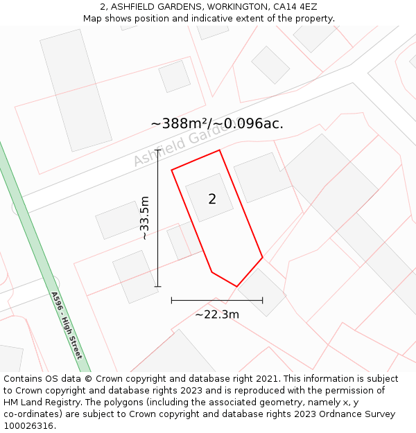 2, ASHFIELD GARDENS, WORKINGTON, CA14 4EZ: Plot and title map