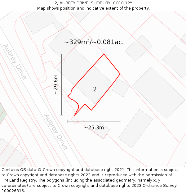 2, AUBREY DRIVE, SUDBURY, CO10 1PY: Plot and title map