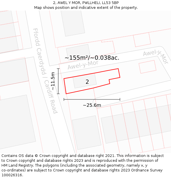 2, AWEL Y MOR, PWLLHELI, LL53 5BP: Plot and title map