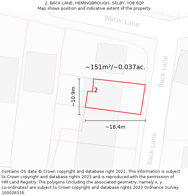 2, BACK LANE, HEMINGBROUGH, SELBY, YO8 6QP: Plot and title map