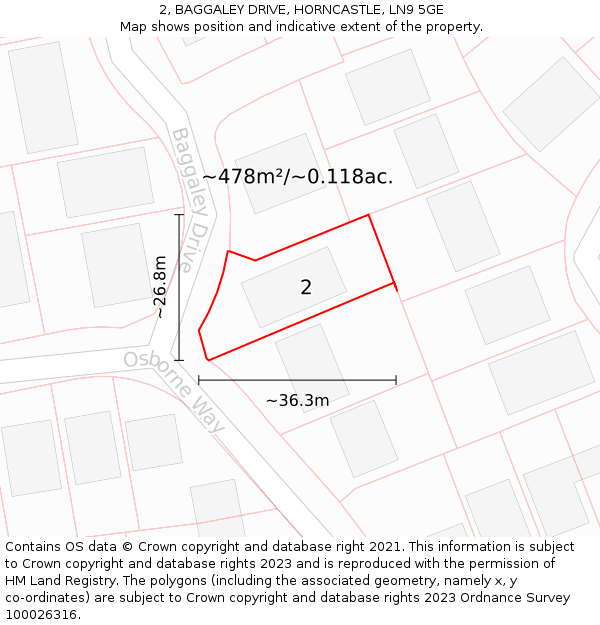 2, BAGGALEY DRIVE, HORNCASTLE, LN9 5GE: Plot and title map