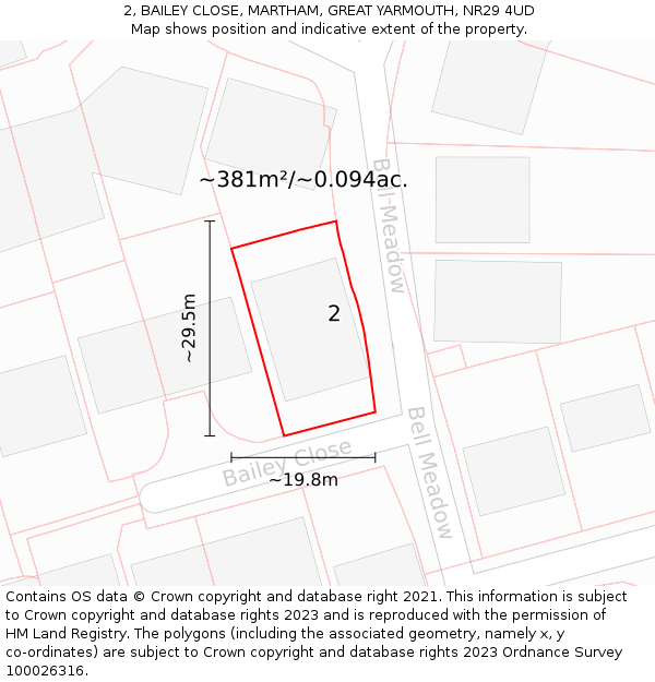 2, BAILEY CLOSE, MARTHAM, GREAT YARMOUTH, NR29 4UD: Plot and title map