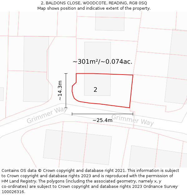 2, BALDONS CLOSE, WOODCOTE, READING, RG8 0SQ: Plot and title map