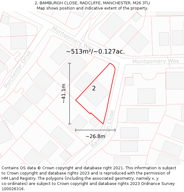 2, BAMBURGH CLOSE, RADCLIFFE, MANCHESTER, M26 3TU: Plot and title map