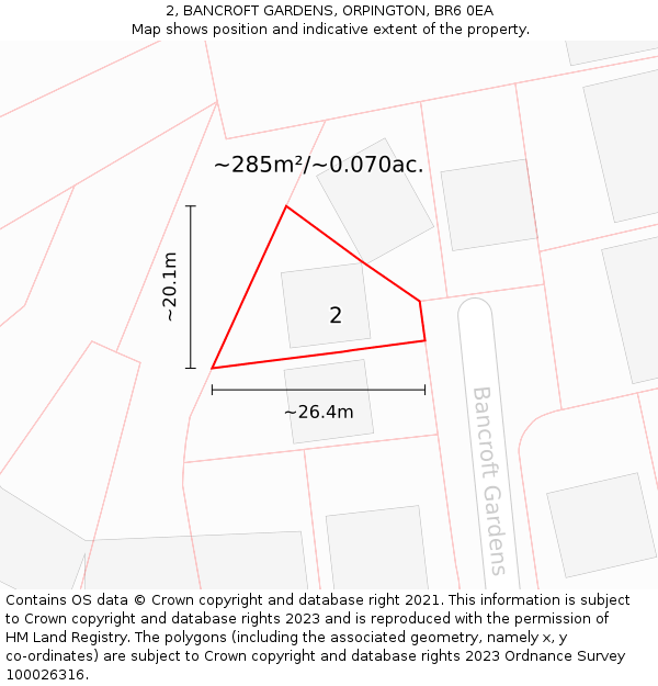 2, BANCROFT GARDENS, ORPINGTON, BR6 0EA: Plot and title map