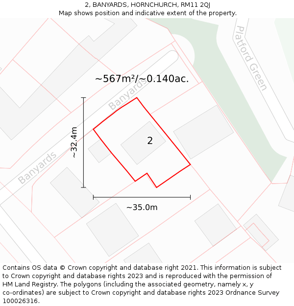 2, BANYARDS, HORNCHURCH, RM11 2QJ: Plot and title map