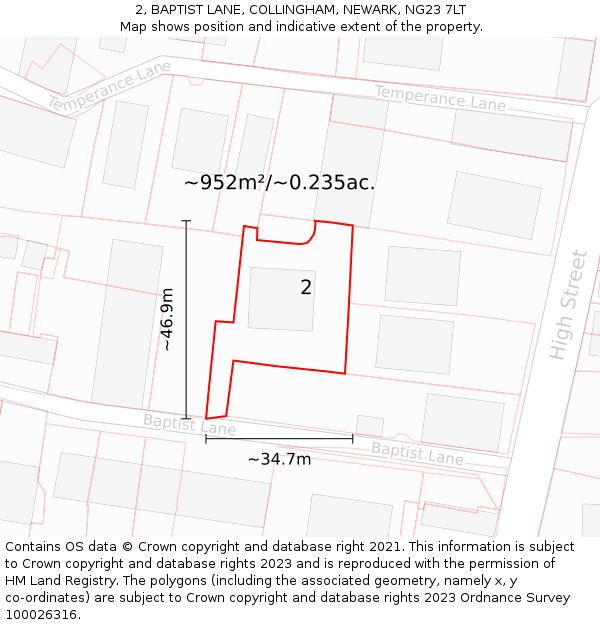 2, BAPTIST LANE, COLLINGHAM, NEWARK, NG23 7LT: Plot and title map