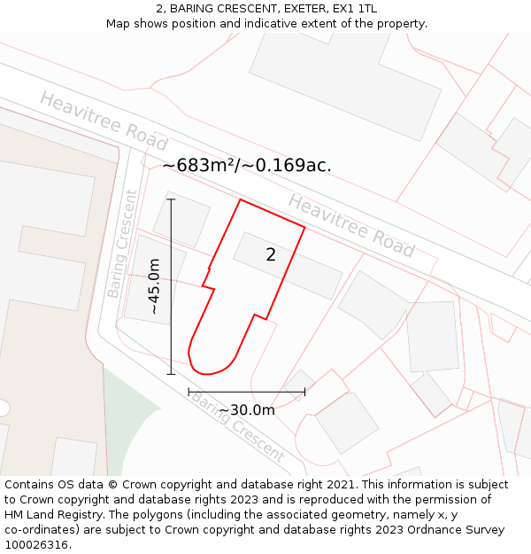 2, BARING CRESCENT, EXETER, EX1 1TL: Plot and title map