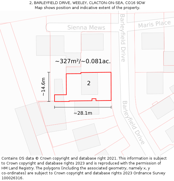 2, BARLEYFIELD DRIVE, WEELEY, CLACTON-ON-SEA, CO16 9DW: Plot and title map