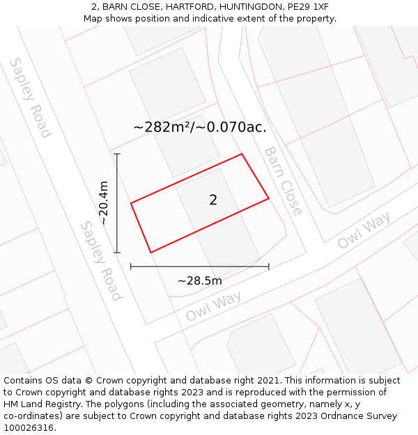 2, BARN CLOSE, HARTFORD, HUNTINGDON, PE29 1XF: Plot and title map