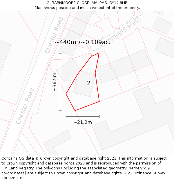 2, BARNMOORE CLOSE, MALPAS, SY14 8HR: Plot and title map