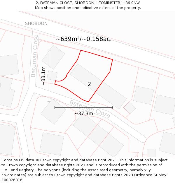 2, BATEMAN CLOSE, SHOBDON, LEOMINSTER, HR6 9NW: Plot and title map