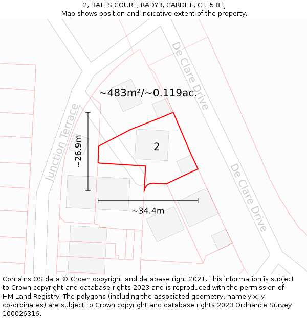 2, BATES COURT, RADYR, CARDIFF, CF15 8EJ: Plot and title map