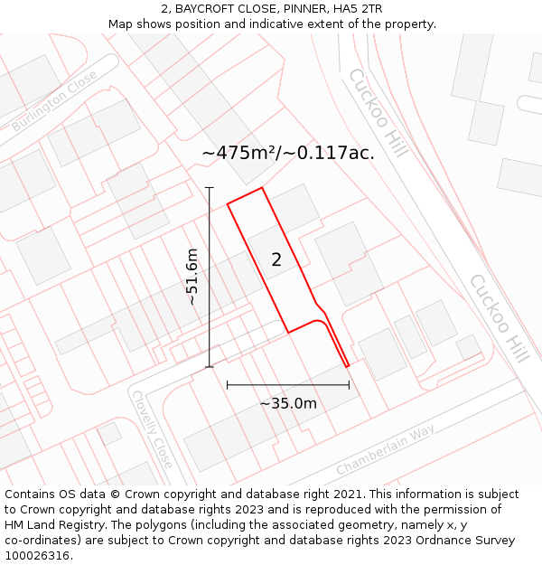 2, BAYCROFT CLOSE, PINNER, HA5 2TR: Plot and title map