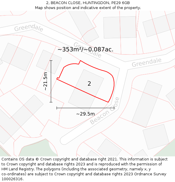 2, BEACON CLOSE, HUNTINGDON, PE29 6GB: Plot and title map