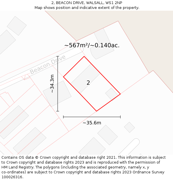 2, BEACON DRIVE, WALSALL, WS1 2NP: Plot and title map